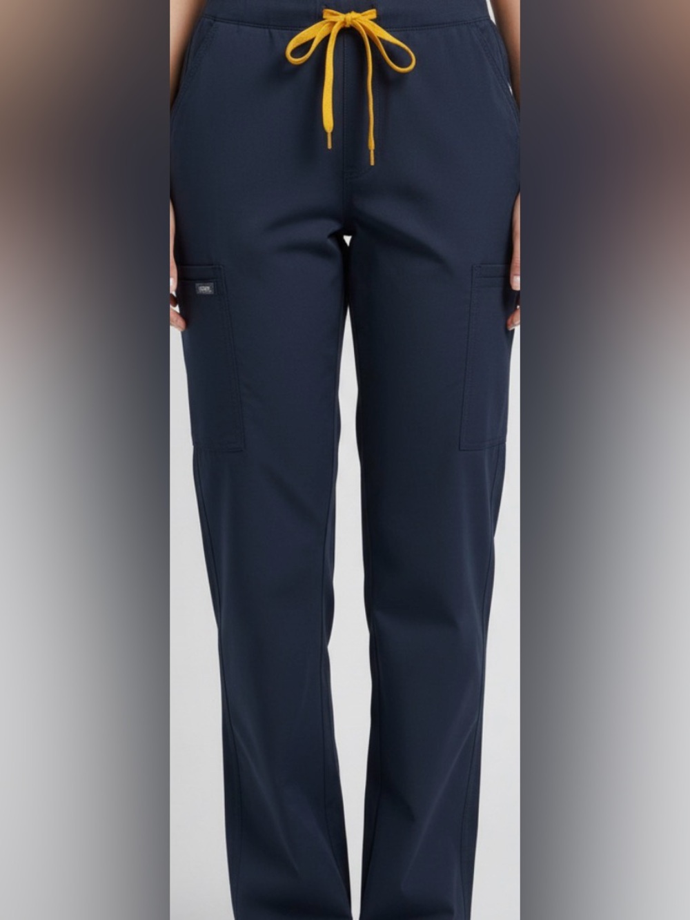 Carhartt Navy Cargo scrub pants with Yellow Drawstring